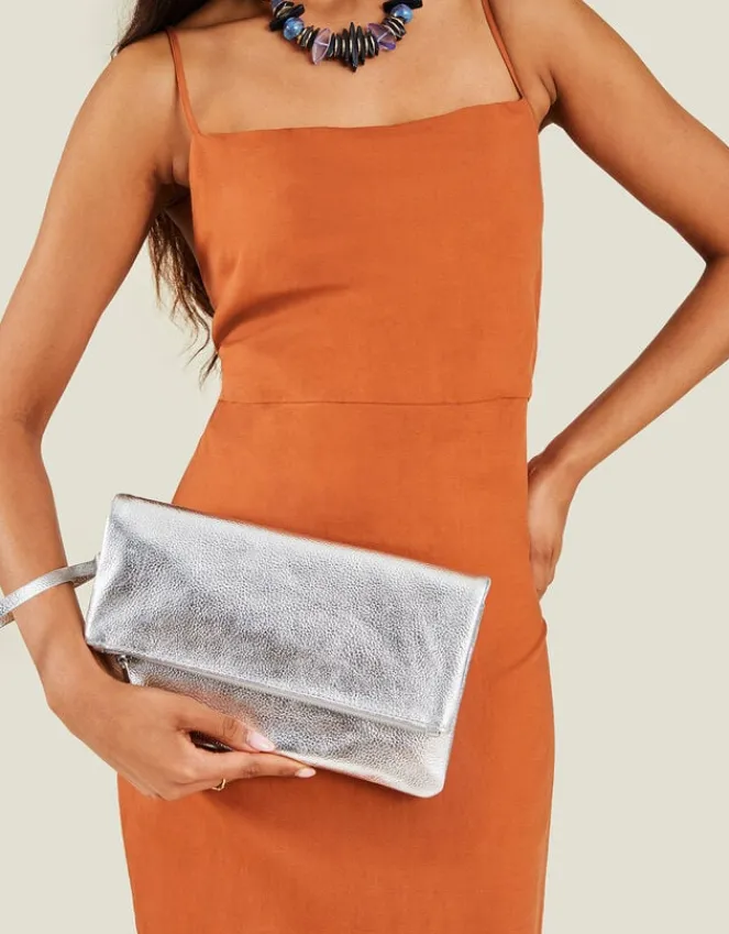 Accessorize Leather Metallic Fold Over Clutch Silver