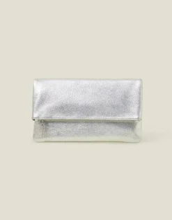 Accessorize Leather Metallic Fold Over Clutch Silver