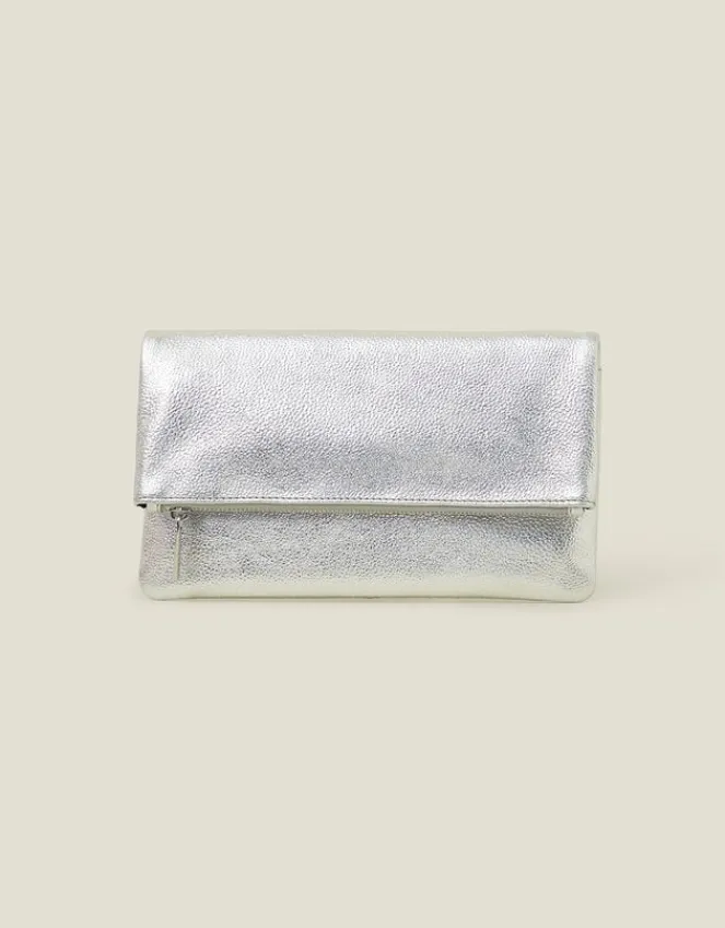 Accessorize Leather Metallic Fold Over Clutch Silver