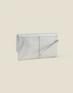 Accessorize Leather Metallic Fold Over Clutch Silver