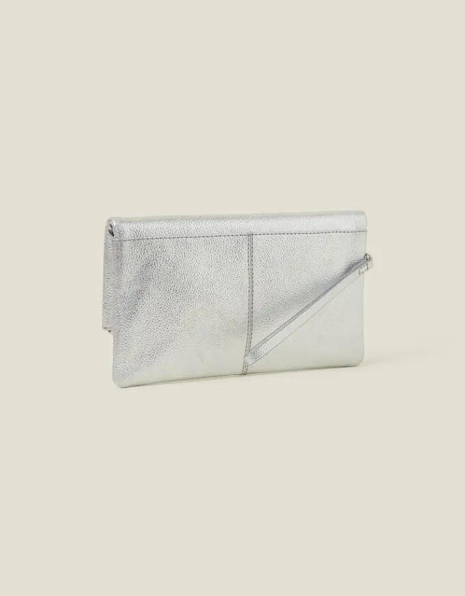 Accessorize Leather Metallic Fold Over Clutch Silver