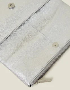Accessorize Leather Metallic Fold Over Clutch Silver