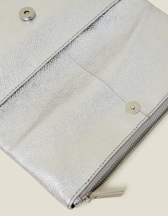 Accessorize Leather Metallic Fold Over Clutch Silver