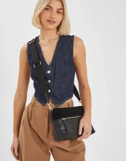 Accessorize Leather Webbing Strap Cross-Body Bag Black