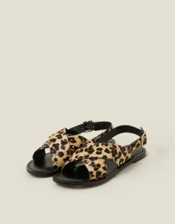 Accessorize Leopard Print Cross Strap Leather Sandals Leopard