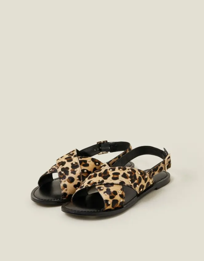 Accessorize Leopard Print Cross Strap Leather Sandals Leopard