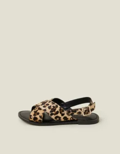 Accessorize Leopard Print Cross Strap Leather Sandals Leopard