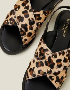 Accessorize Leopard Print Cross Strap Leather Sandals Leopard