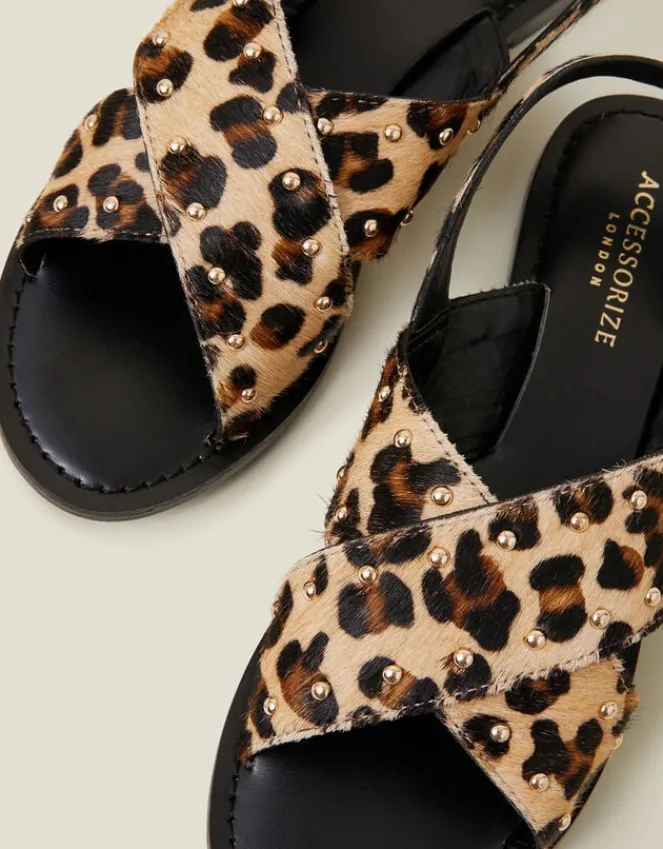 Accessorize Leopard Print Cross Strap Leather Sandals Leopard