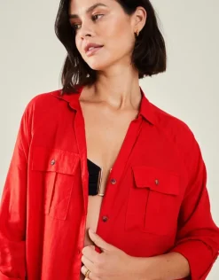 Accessorize Long Sleeve Beach Cover Up Shirt Red