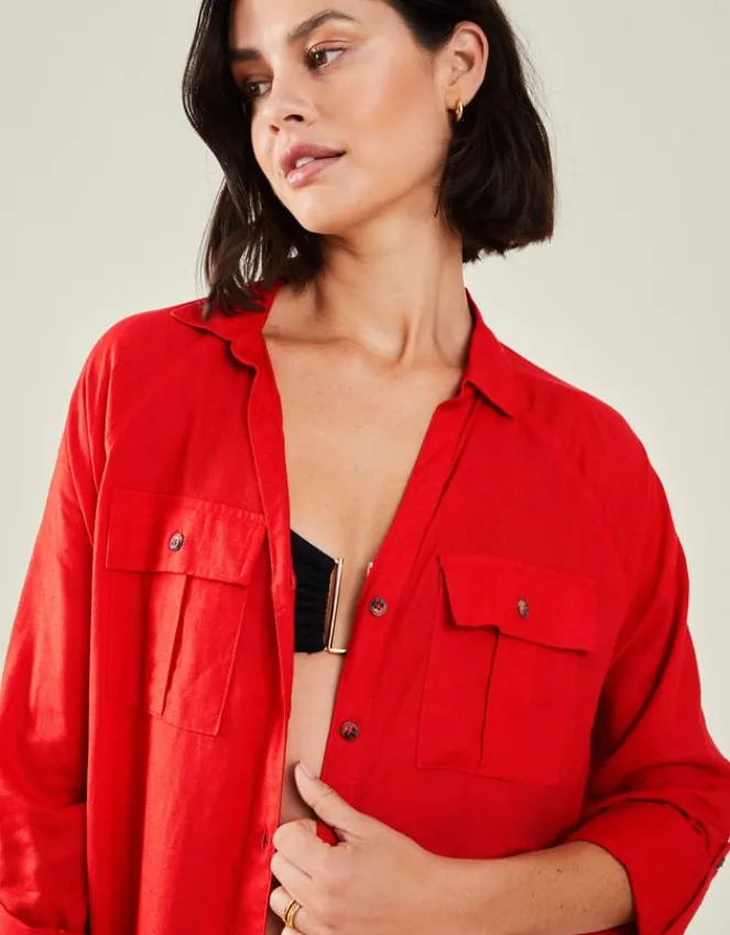 Accessorize Long Sleeve Beach Cover Up Shirt Red