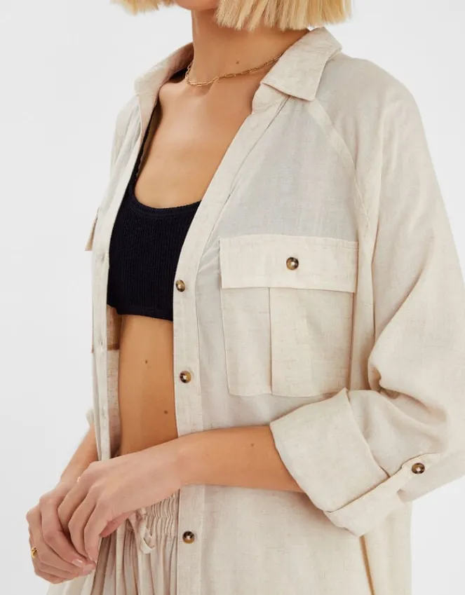 Accessorize Long Sleeve Shirt Beach Cover-Up Camel