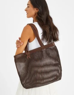 Accessorize Mesh Stripe Shopper Bag Brown