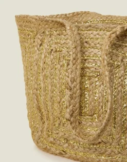Accessorize Metallic Jute Beach Bag Gold