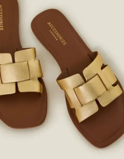 Accessorize Metallic Leather Cut-Out Slide Sandals Gold
