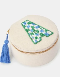 Accessorize Mini Round Initial Embellished Jewellery Box Natural