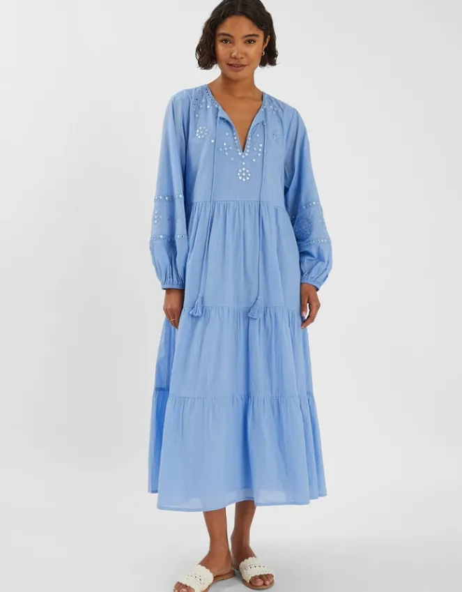 Accessorize Mirror Embellished Long Sleeve Midi Dress Blue