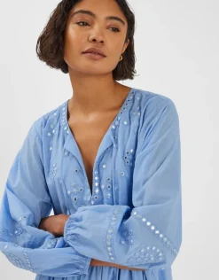 Accessorize Mirror Embellished Long Sleeve Midi Dress Blue