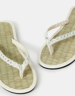 Accessorize Mirror Embellished Seagrass Flip Flops Cream