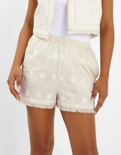 Accessorize Mirror Embroidered Cotton Shorts Ivory