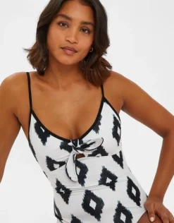 Accessorize Monochrome Print Tie Front Swimsuit Ivory
