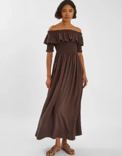 Accessorize Off-The-Shoulder Smocked Maxi Dress Brown
