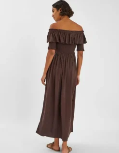 Accessorize Off-The-Shoulder Smocked Maxi Dress Brown