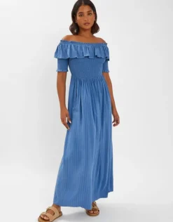 Accessorize Off-The-Shoulder Smocked Maxi Dress Blue