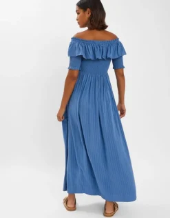 Accessorize Off-The-Shoulder Smocked Maxi Dress Blue
