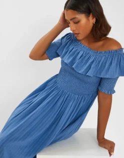 Accessorize Off-The-Shoulder Smocked Maxi Dress Blue