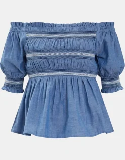 Accessorize Off-The-Shoulder Smocked Top Blue