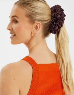 Accessorize Oversized Ruffle Satin Hair Scrunchie Brown