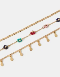 Accessorize 3-Pack Bead Flower Charm Anklets