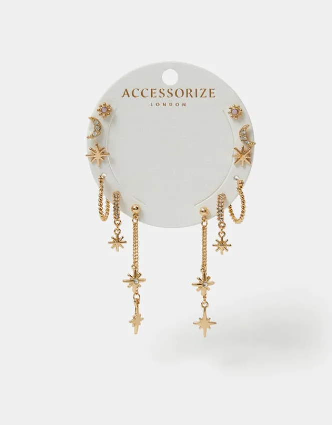 Accessorize 6-Pack Celestial Chain Stud and Hoop Earrings Gold