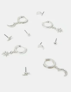 Accessorize 5-Pack Celestial Diamante Stud and Hoop Earrings Silver