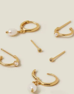 Accessorize 3-Pack 14ct Gold-Plated Pearl and Stud Hoop Earrings