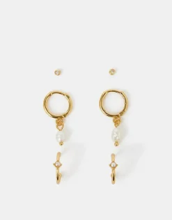Accessorize 3-Pack 14ct Gold-Plated Pearl and Stud Hoop Earrings