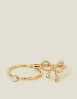 Accessorize 2-Pack Diamante Bow Rings Gold