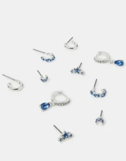 Accessorize 5-Pack Diamante Gem Stud and Hoop Earrings Silver