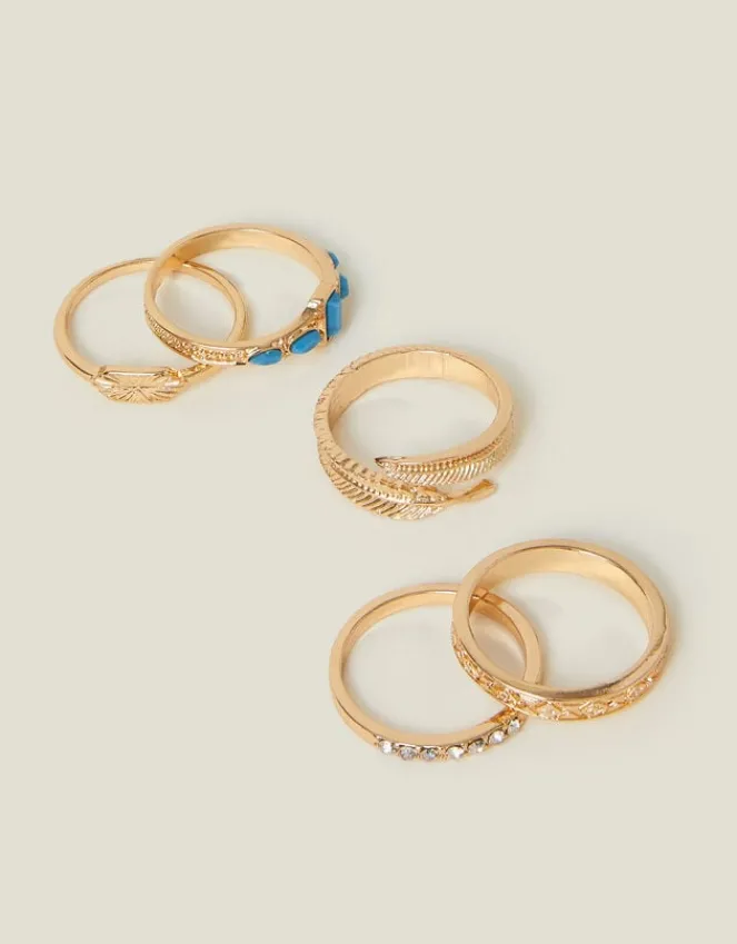 Accessorize 5-Pack Feather Stone Rings Gold Gold
