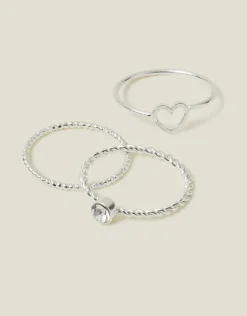 Accessorize 3-Pack Heart Gem Rings Silver