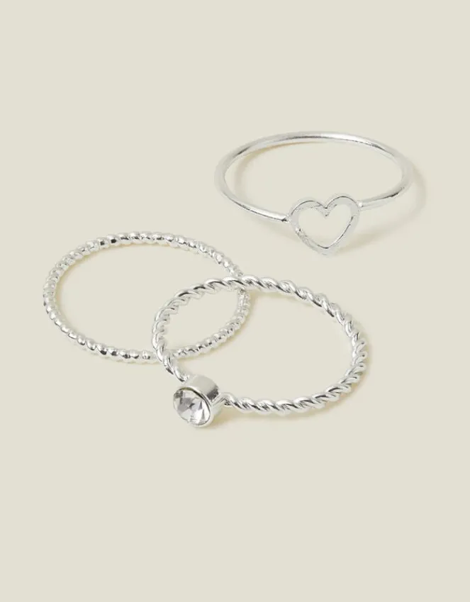 Accessorize 3-Pack Heart Gem Rings Silver