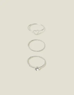 Accessorize 3-Pack Heart Gem Rings Silver