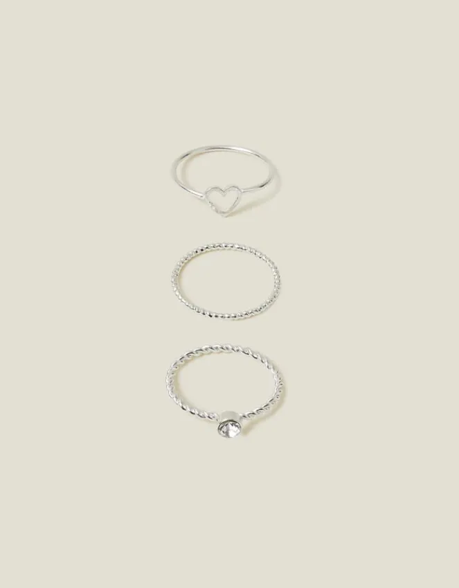 Accessorize 3-Pack Heart Gem Rings Silver
