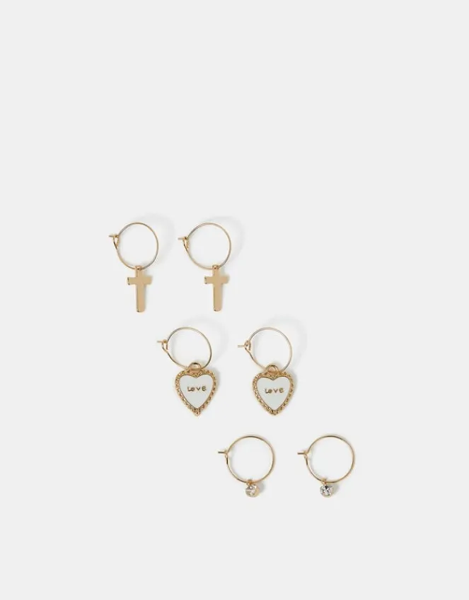 Accessorize 3-Pack Love Charm Hoop Earrings