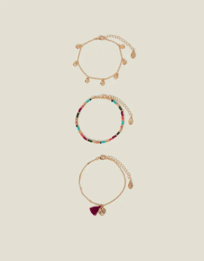 Accessorize 3-Pack Mix Bead Tassel Anklets