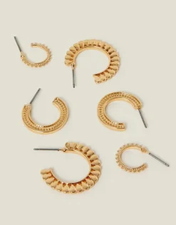 Accessorize 3-Pack Mix Texture Hoop Earrings Gold