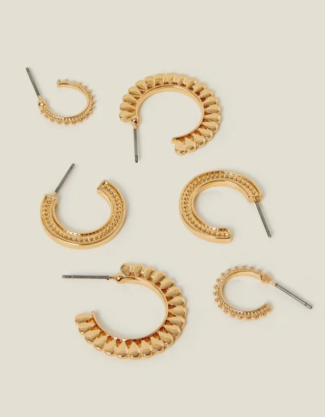 Accessorize 3-Pack Mix Texture Hoop Earrings Gold