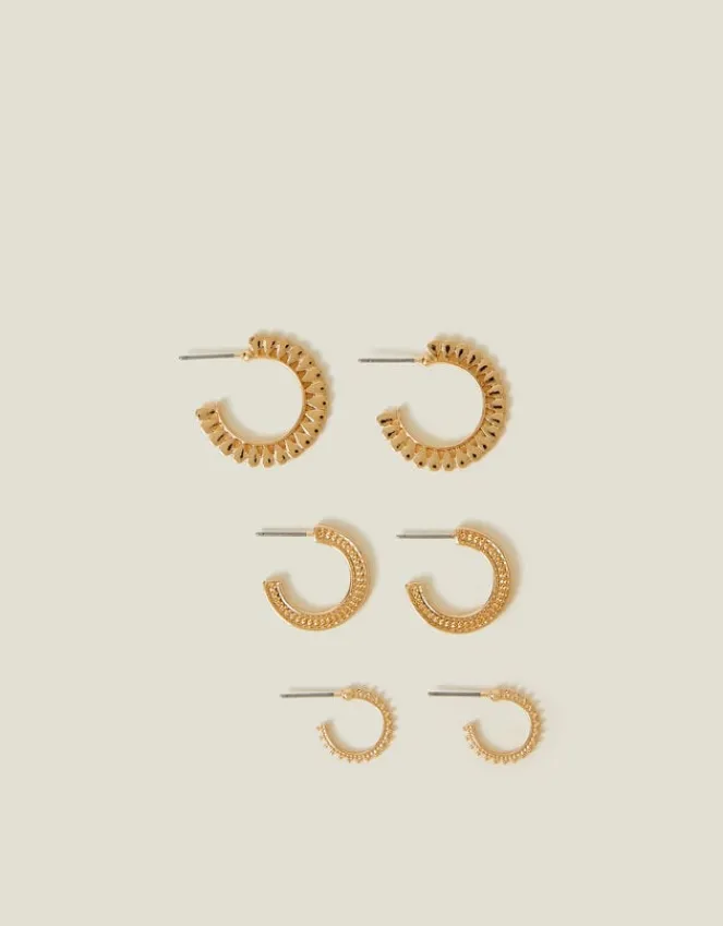 Accessorize 3-Pack Mix Texture Hoop Earrings Gold