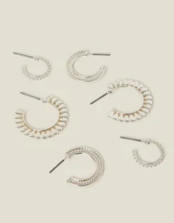 Accessorize 3-Pack Mix Texture Hoop Earrings Silver